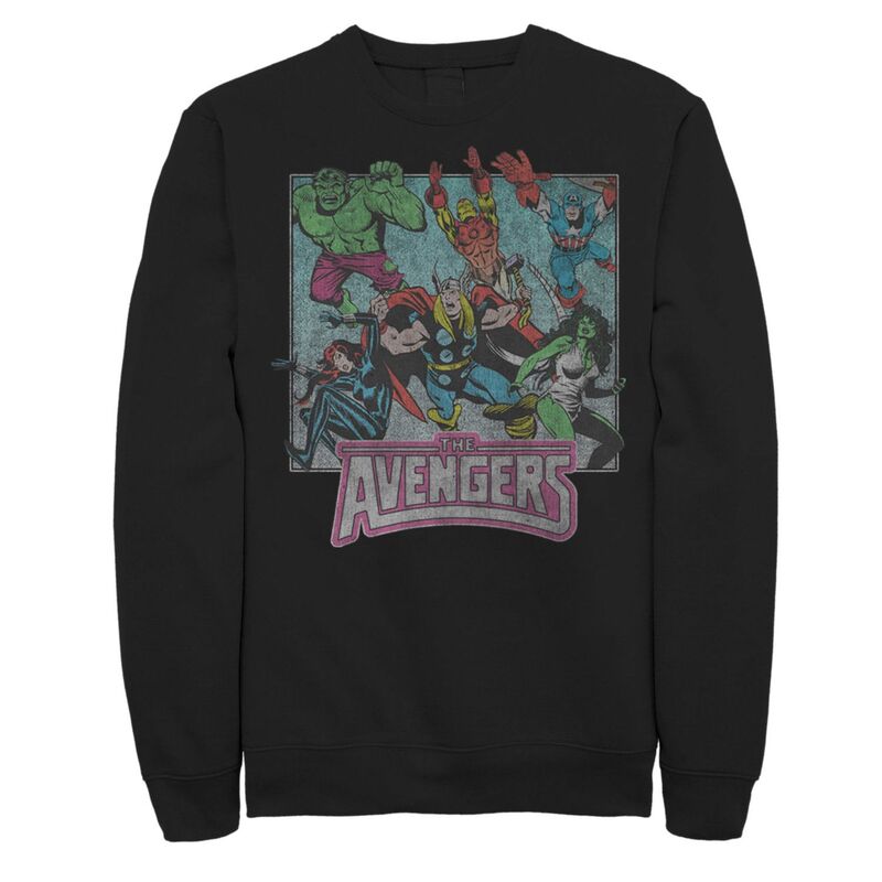 アニメ文字記号 レディース トップス プルオーバー 流汗 Licensed Character Men\u0027s Marvel Avengers Classic Group Action Shot Distressed Sweatshirt Black 黒いこと