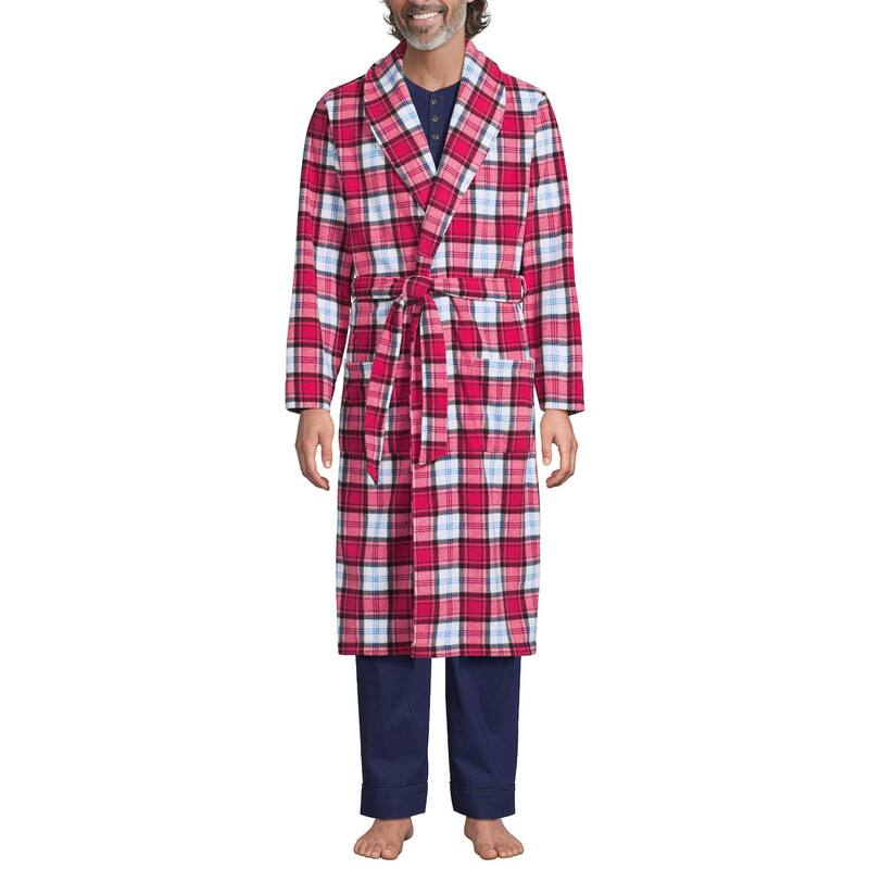 ランズエンド レディース アンダーウェア ナイトウェア フリース Men Lands End Fleece Robe Ivory Rich Red Plaid アイボリー