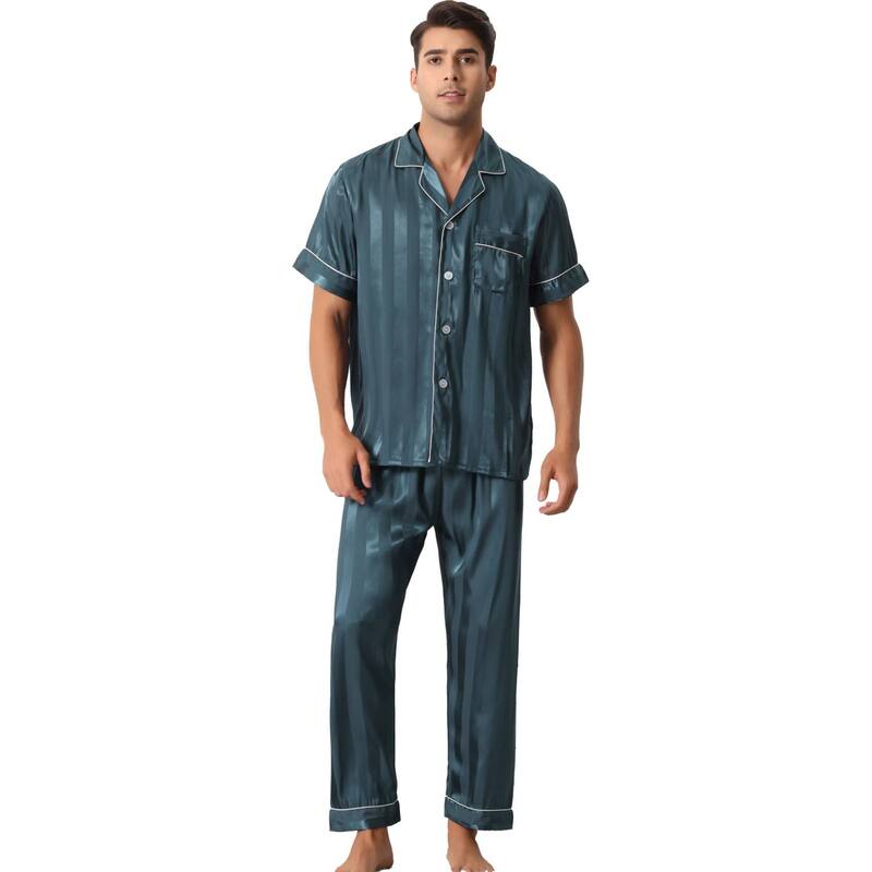 cheibear レディース アンダーウェア ナイトウェア ボタンダウン パンツ サテン ダウン cheibear Men Striped Satin Button Down Short Sleeve Long Pants Pajama Set Blue ブルー