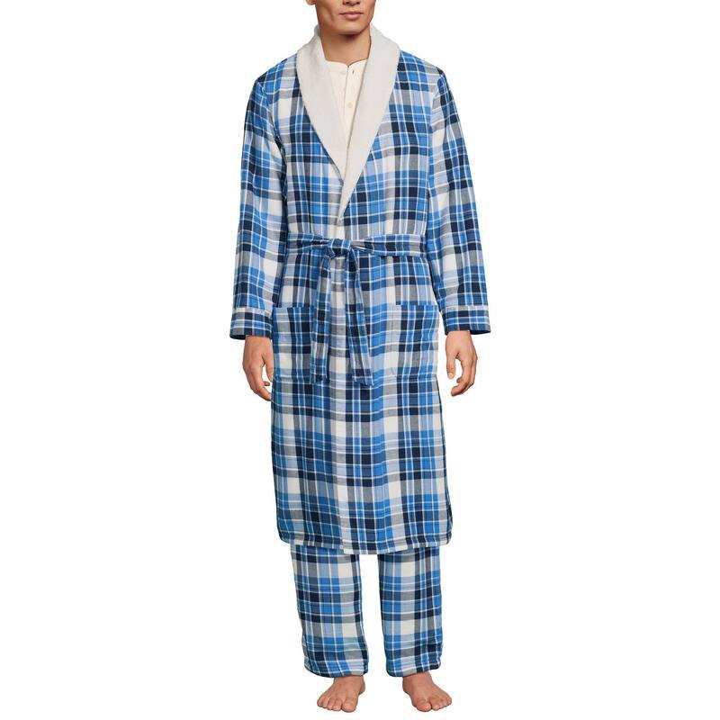 ランズ挙げ句の果て レディース アンダーお召しもの ナイト爵お召しもの Men\u0027s Lands\u0027 End Sherpa-Lined Flannel Robe Cobalt Blue Plaid 青色