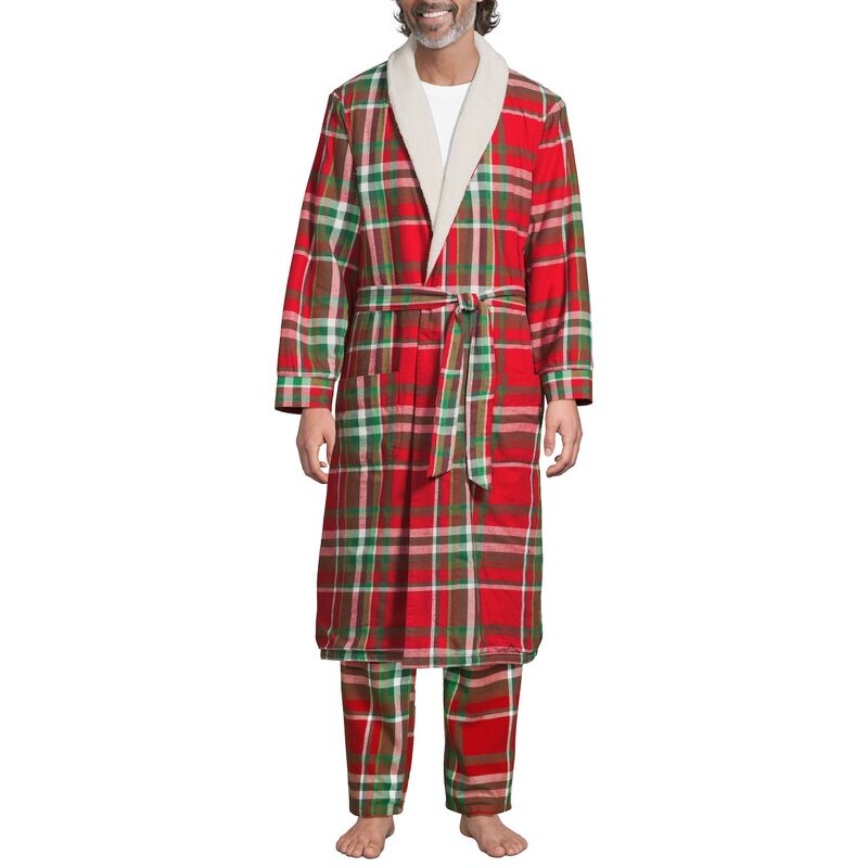 ランズエンド レディース アンダーウェア ナイトウェア Men's Lands' End Sherpa-Lined Flannel Robe Red Emerald Plaid レッド