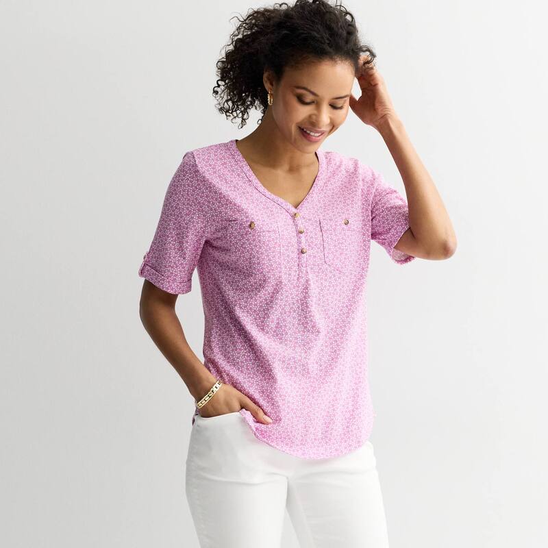 クロフト＆バロー レディース トップス Tシャツ Women's Croft & Barrow Elbow Sleeve Utility Henley Topurple Petal Field パープル