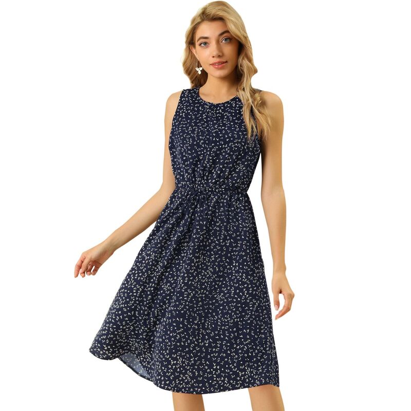 アレグラ ケー レディース トップス ワンピース プリント ノースリーブ ALLEGRA K Women\'split Neck Dots Print Sleeveless Casual Dress Dark Blue ブルー｜ReVida 店