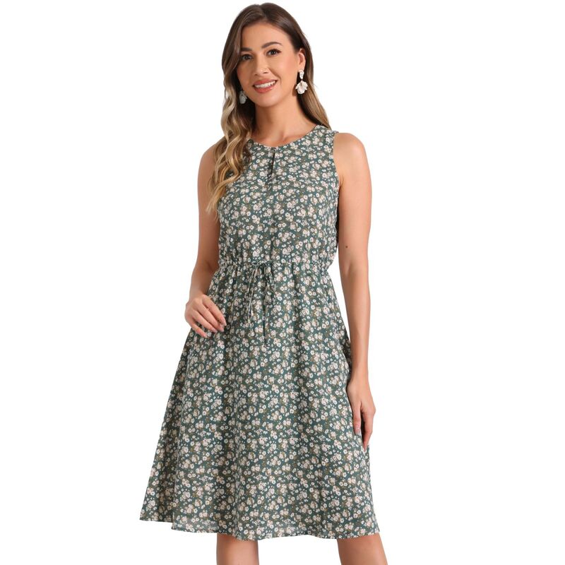 アレグラ ケー レディース トップス ワンピース プリント ノースリーブ ALLEGRA K Women'split Neck Dots Print Sleeveless Casual Dress Dark Green グリーン｜ReVida 店