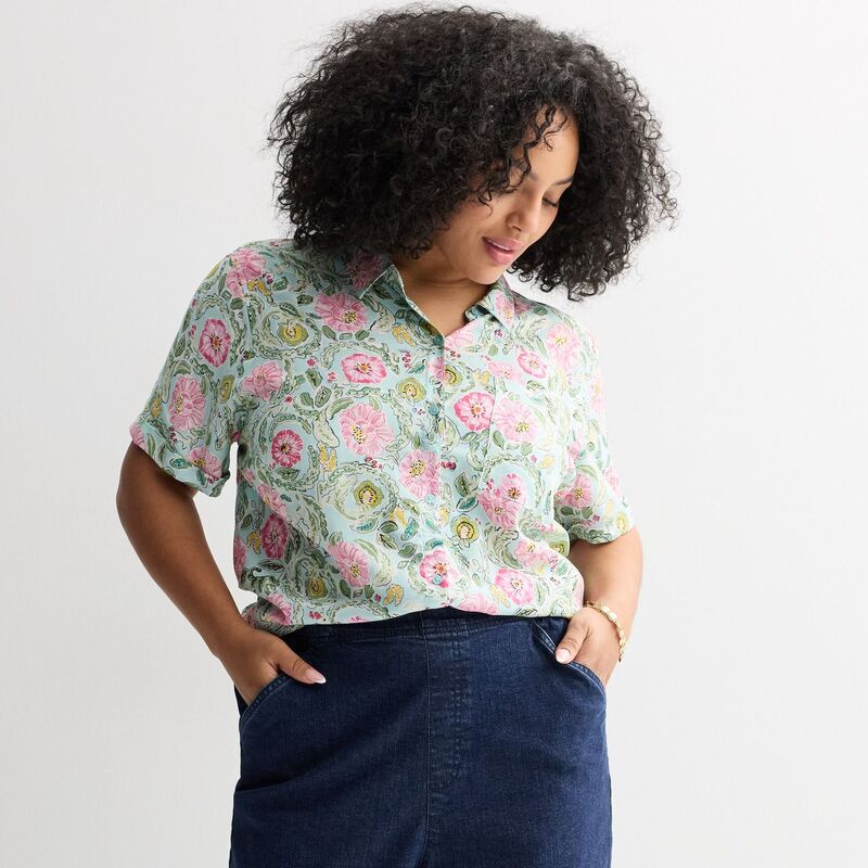 クロフト＆バロー レディース トップス シャツ プラスサイズ Plusize Croft & Barrow Camp Shirt Aqua Jacobean Ivy アクア