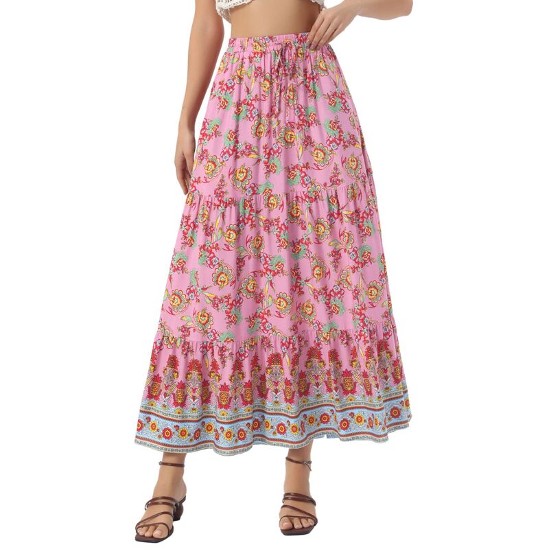 アレグラ ケー レディース 下つ方スコート お花柄 刷り上げる マキシ お花 ALLEGRA K Women\u0027s Boho Skirt Casual Floral Printed Elastic Waist Maxi Skirts Dark Pink さくら色