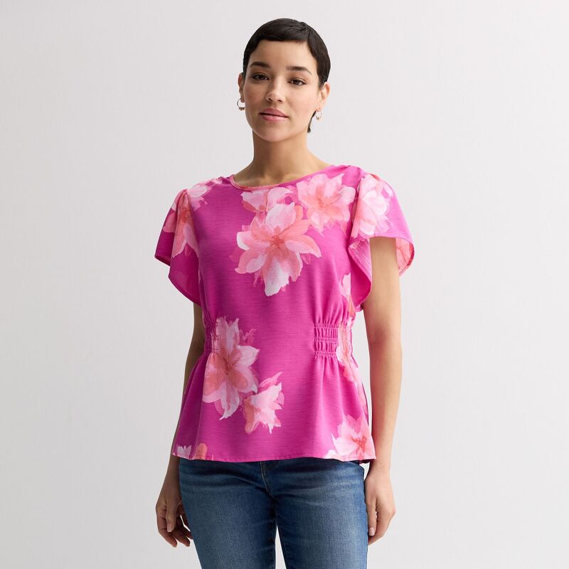 ナインウェスト レディース トップス シャツ ブラウス Women's Nine West Cinched Flutter Sleeve Blouse Fuchsianita Blooms フューシャ