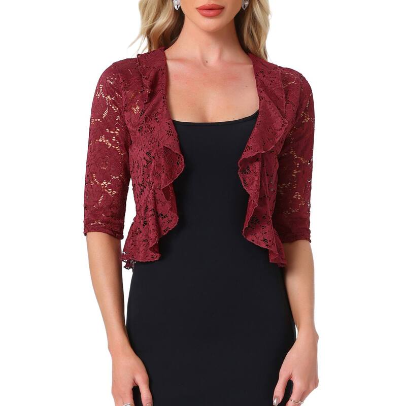 アレグラ ケー レディース アウター ニット・セーター フリル裾 フリル カーディガン レース ALLEGRA K Lace Cardigan for Women's Evening Wedding 3/4 Sleeve Ruffle Hem Elegant Shrug Burgundy バーガンディ｜ReVida 店