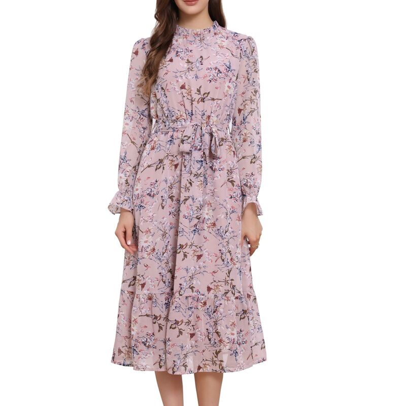 アレグラ ケー レディース トップス ワンピース モックネック シフォン フラワー柄 ミディ フラワー ALLEGRA K Floral Mock Neck Dress for Women's Long Sleevelastic Waist Flowy Chiffon Midi Dresses Pink ピンク