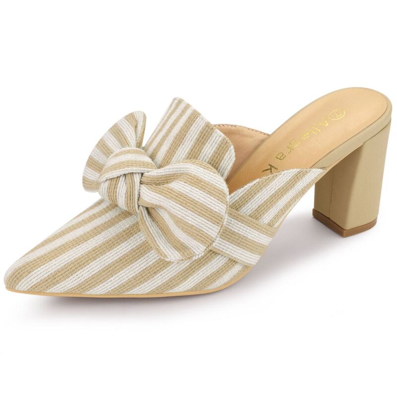 アレグラ ケー レディース シューズ サンダル ヒール ALLEGRA K Women'stripe Bow Pointed Toe Block Heel Slides Mules Beige ベージュ