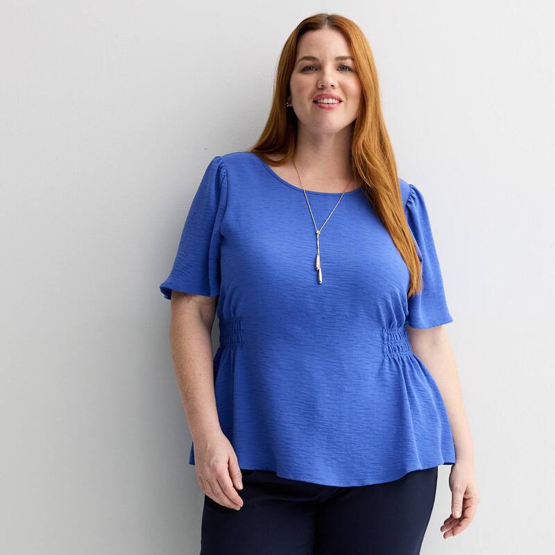 ナインウェスト レディース トップス プルオーバー つけ加える大きさ トップ Plusize Nine West Cinched Flutter Sleeve Blouse Nicole Blue 青み