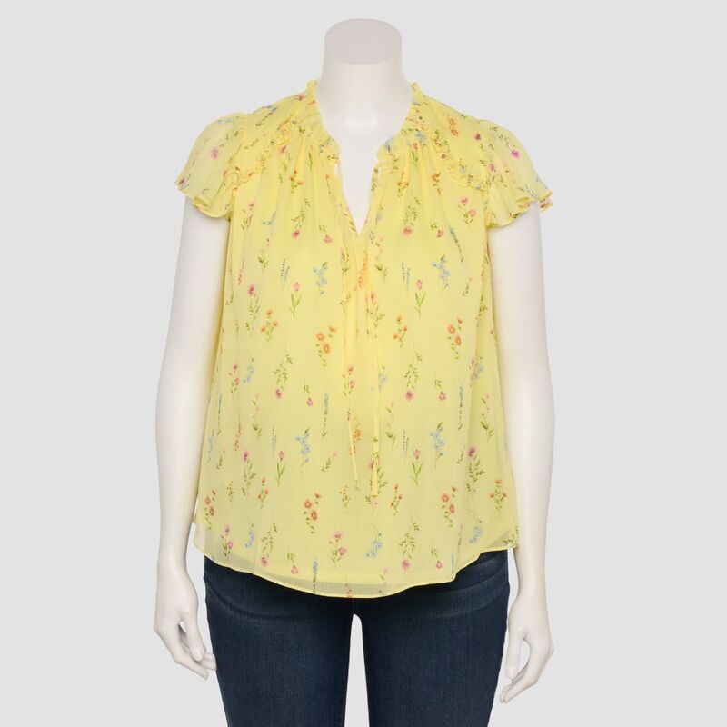 LC Lauren Conrad レディース トップス プルオーバー V素っ首 つけ加える大きさ フラウンス Plusize LC Lauren Conrad Ruffle V-Neck Shell Top Yellowildflower 黄色