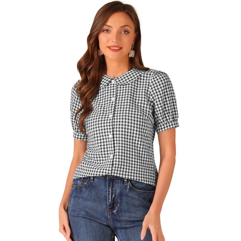 アレグラ ケー レディース トップス シャツ ボタンダウン ALLEGRA K Women's Plaid Button Down Puffy Short Sleeve Peter Pan Collar Shirt Black ブラック