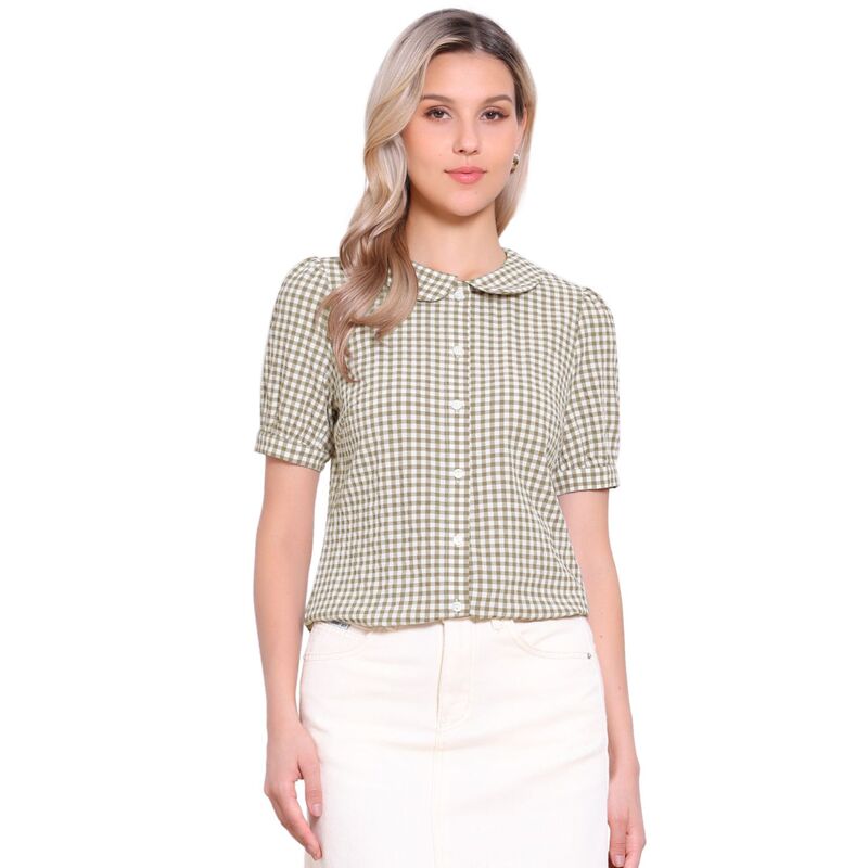 アレグラ ケー レディース トップス シャツ ボタンダウン ALLEGRA K Women's Plaid Button Down Puffy Short Sleeve Peter Pan Collar Shirt Light Brown ブラウン