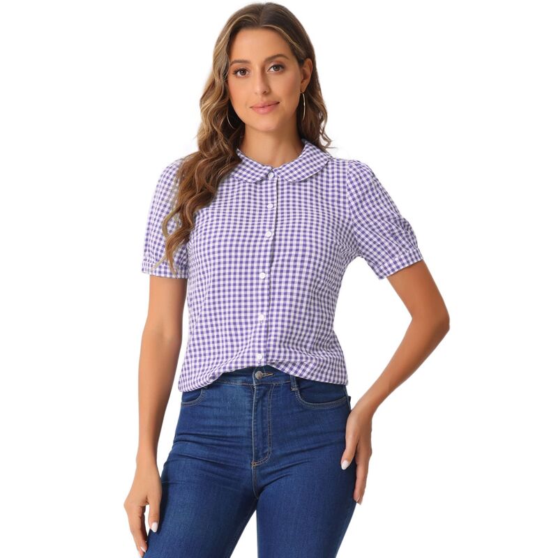 アレグラ ケー レディース トップス シャツ ボタンダウン ALLEGRA K Women's Plaid Button Down Puffy Short Sleeve Peter Pan Collar Shirt Purple パープル｜ReVida 店