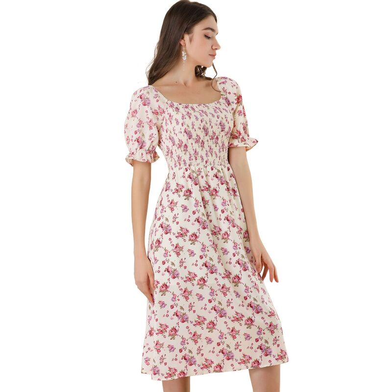 アレグラ ケー レディース トップス ワンピース フラワー柄 ミディ シャーリング フラワー ALLEGRA K Women\'smocked Floral Square Neck Short Puff Sleeve Summer Midi Dress Beige ベージュ｜ReVida 店