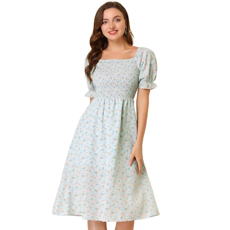 アレグラ ケー レディース トップス ワンピース フラワー柄 ミディ シャーリング フラワー ALLEGRA K Women\'smocked Floral Square Neck Short Puff Sleeve Summer Midi Dress Blue ブルー｜ReVida 店