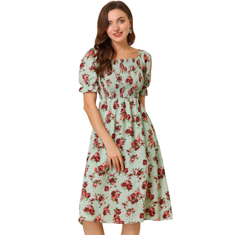 アレグラ ケー レディース トップス ワンピース フラワー柄 ミディ シャーリング フラワー ALLEGRA K Women\'smocked Floral Square Neck Short Puff Sleeve Summer Midi Dress Green グリーン｜ReVida 店