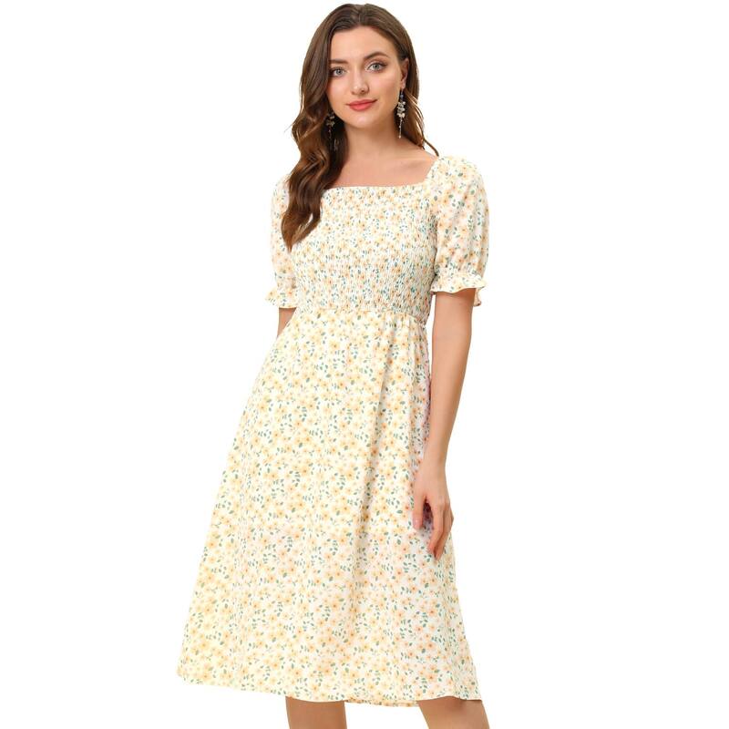アレグラ ケー レディース トップス ワンピース フラワー柄 ミディ シャーリング フラワー ALLEGRA K Women\'smocked Floral Square Neck Short Puff Sleeve Summer Midi Dress Orange オレンジ｜ReVida 店