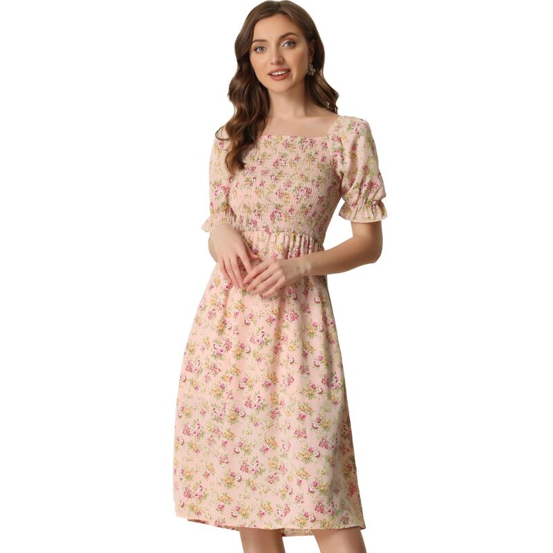 アレグラ ケー レディース トップス ワンピース フラワー柄 ミディ シャーリング フラワー ALLEGRA K Women\'smocked Floral Square Neck Short Puff Sleeve Summer Midi Dress Pink ピンク｜ReVida 店