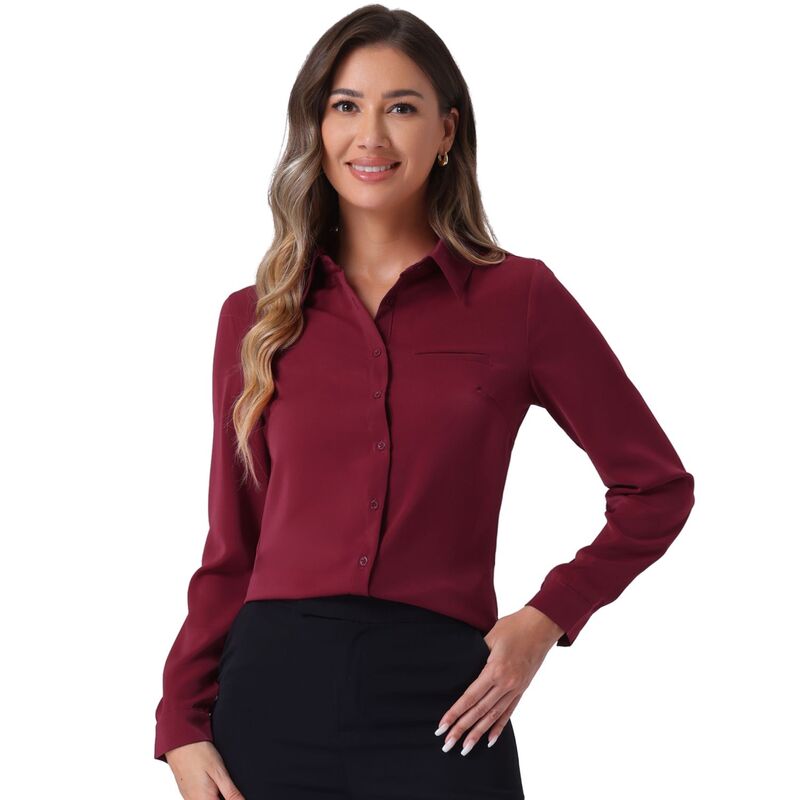 アレグラ ケー レディース トップス シャツ ボタンダウン ALLEGRA K Women Color Block Button Down Long Sleeve Work Shirt Solid Wine Red レッド