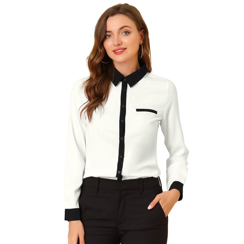アレグラ ケー レディース トップス シャツ ボタンダウン ALLEGRA K Women Color Block Button Down Long Sleeve Work Shirt White ホワイト