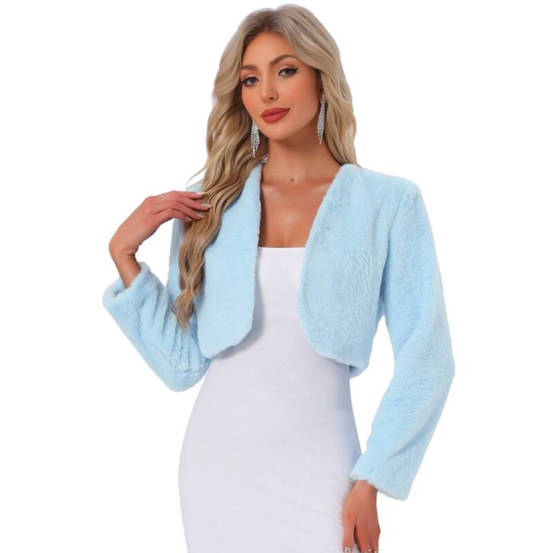 アレグラ ケー レディース アウター ジャケット・ブルゾン コート クロップド ALLEGRA K Women's Collarless Long Sleeve Open Front Faux Fur Shrug Cropped Coat Light Blue ブルー