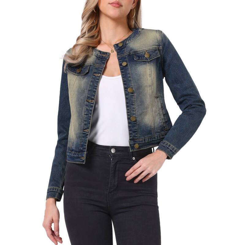 アレグラ ケー レディース アウター 上衣・上衣 名取り草落ち込む クロップド ジーンズ ALLEGRA K Women\u0027s Button Down Collarless Long Sleeve Croppedenim Jacket Vintage Blue 青み