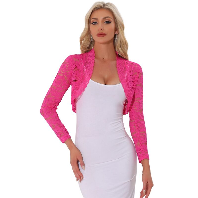 アレグラ ケー レディース アウター ニット・セーター シアー カーディガン レース ALLEGRA K Women's Lace Bolero Shrugsheer Long Sleeve Open Front Crop Cardigan Hot Pink ピンク
