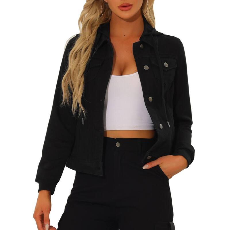 アレグラ ケー レディース アウター ジャケット・ブルゾン ボタンダウン デニム ALLEGRA K Women's Denim Jacket Button Down Long Sleeve Drawstring Hood Jean Jackets Dark Black ブラック|ReVida 店