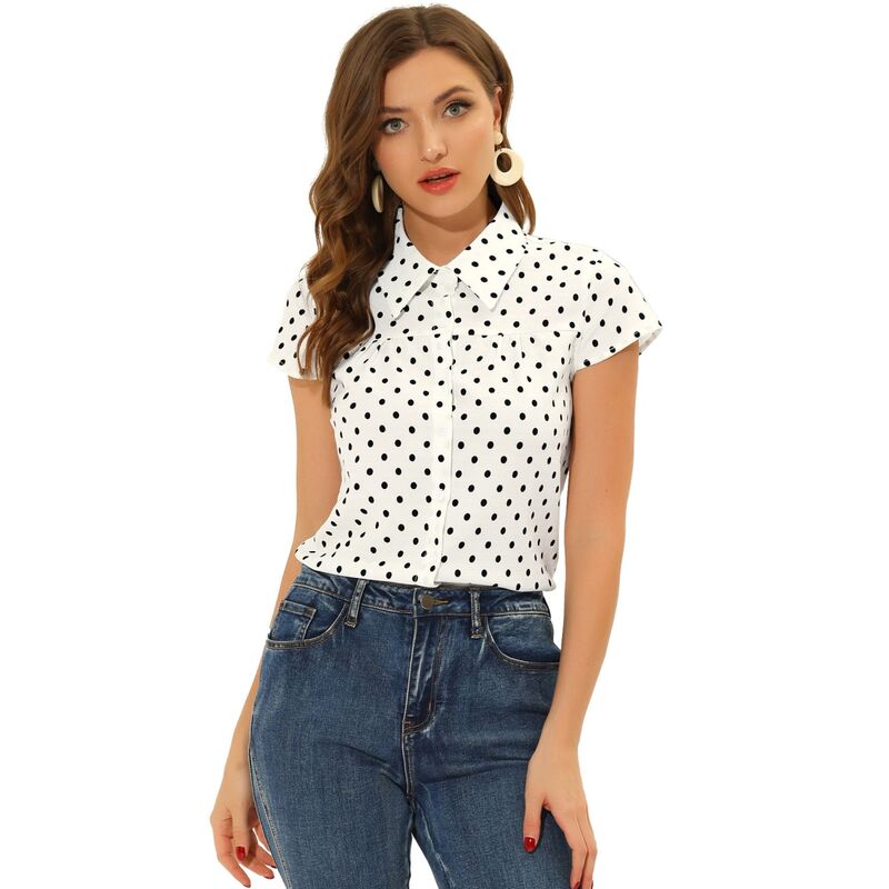 アレグラ ケー レディース トップス シャツ ヴィンテージ ドット ALLEGRA K Women'short Sleeve Tops Vintage Polka Dots Button Up Shirt White ホワイト