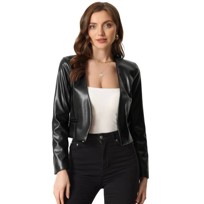 アレグラ ケー レディース アウター ジャケット・ブルゾン レザー フェイクレザー ALLEGRA K Women Collarless Open Front Faux Leather Crop Moto Jackets Black ブラック