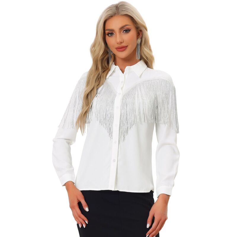 アレグラ ケー レディース トップス シャツ ボタンダウン ブラウス フリンジ ALLEGRA K Women's Fringe Blouse Long Sleeve Button Down Disco Party Shirts White ホワイト