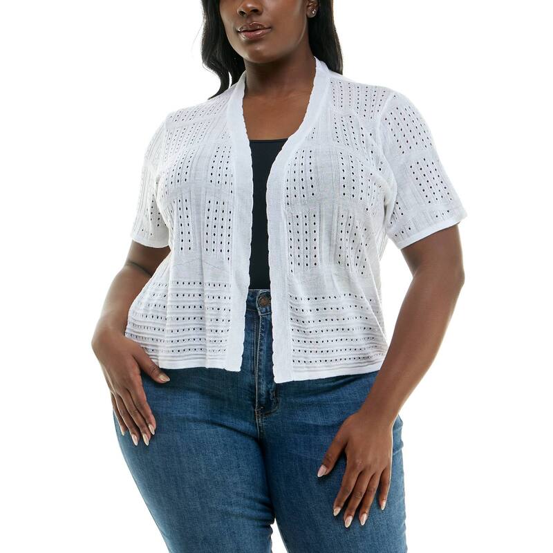 ニナレオナルド レディース アウター ニット・セーター プラスサイズ Plusize Nina Leonard Open Front Crochet Bolero White ホワイト|ReVida 店