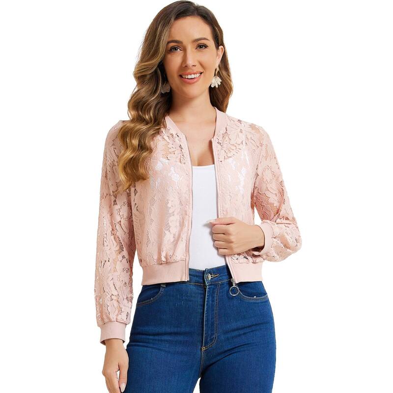 アレグラ ケー レディース アウター ジャケット・ブルゾン メッシュ シアー レース ALLEGRA K Lace Jackets For Women'stand Collar Zip Up Mesheer Bomber Jacket Pink ピンク