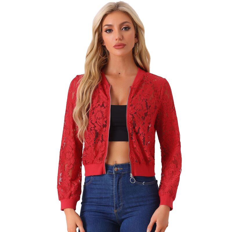 アレグラ ケー レディース アウター ジャケット・ブルゾン メッシュ シアー レース ALLEGRA K Lace Jackets For Women'stand Collar Zip Up Mesheer Bomber Jacket Red レッド