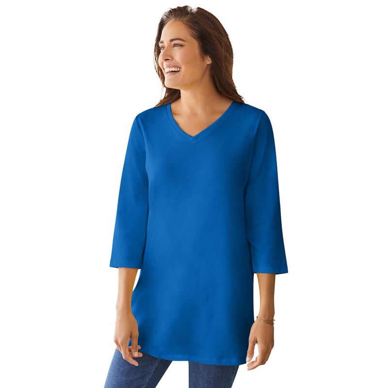 ウーマン ウィズイン レディース トップス Tシャツ Vネック プラスサイズ Woman Within Plusize Perfecthree-Quarter Sleeve V-Neck Tunic Bright Cobalt コバルト
