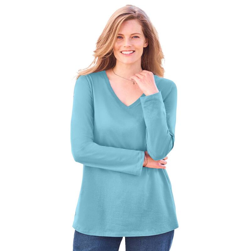 ウーマン ウィズイン レディース トップス Tシャツ Vネック プラスサイズ 長袖 Woman Within Plusize Perfect Long-Sleeve V-Neck Tee Seamist Blue ブルー