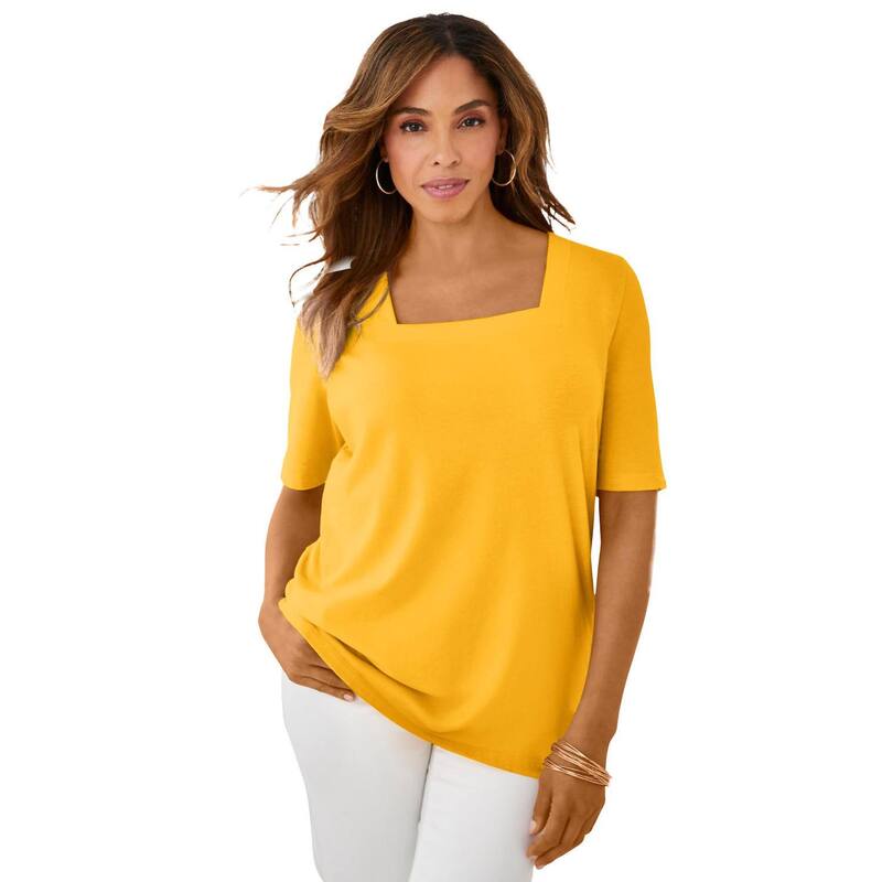 ジェシカ英国の首都 レディース トップス プルオーバー 足し加える大きさ 綿織物 Jessica London Women\u0027s Plusize Stretch Cotton Square Neck Tee Sunset Yellow 黄色