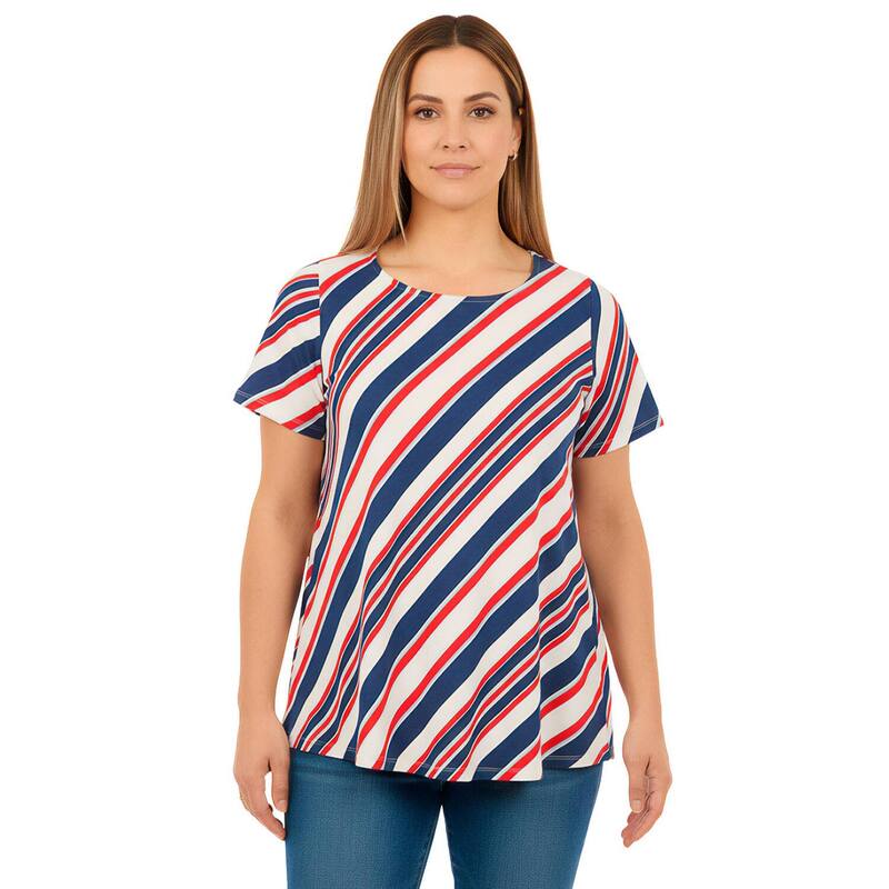ロアマンズ レディース トップス Tシャツ プラスサイズ コットン Roaman's Women's Plusize Cotton Ultimate Swing Tee With Keyhole Back Evening Blue Diagonal ブルー