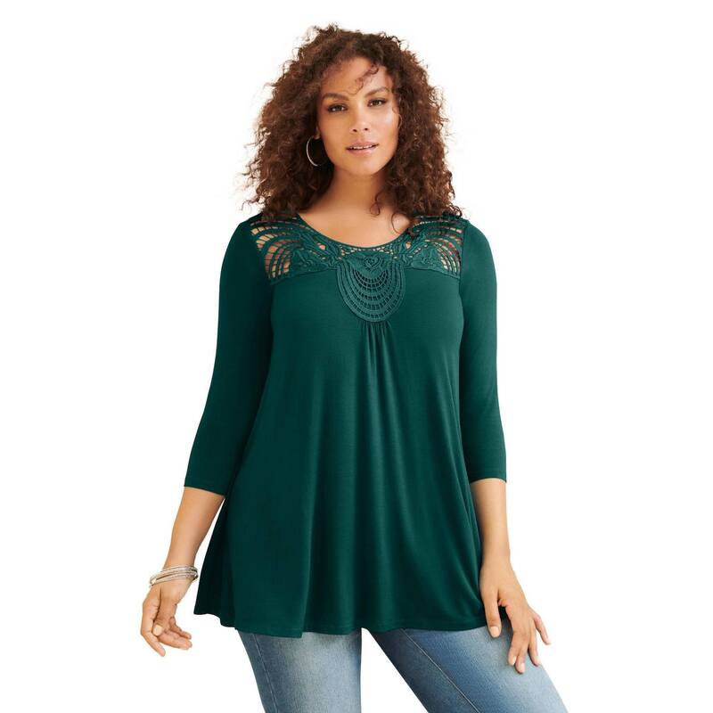 ロアマンズ レディース トップス Tシャツ プラスサイズ レース Roaman's Women's Plusize Lacembellished Swing Ultra Femme Top Emerald Green グリーン