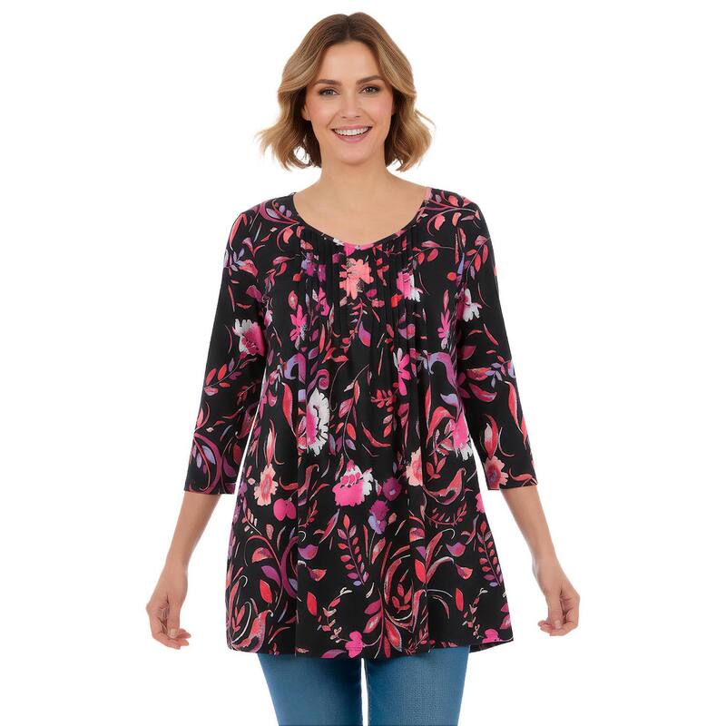 成人女性 ウィズはたご屋 レディース トップス プルオーバー Vのど首 足し加える大きさ Woman Within Plusize V-Neck Pintucked Tunic Black Multi Florals 黒いこと
