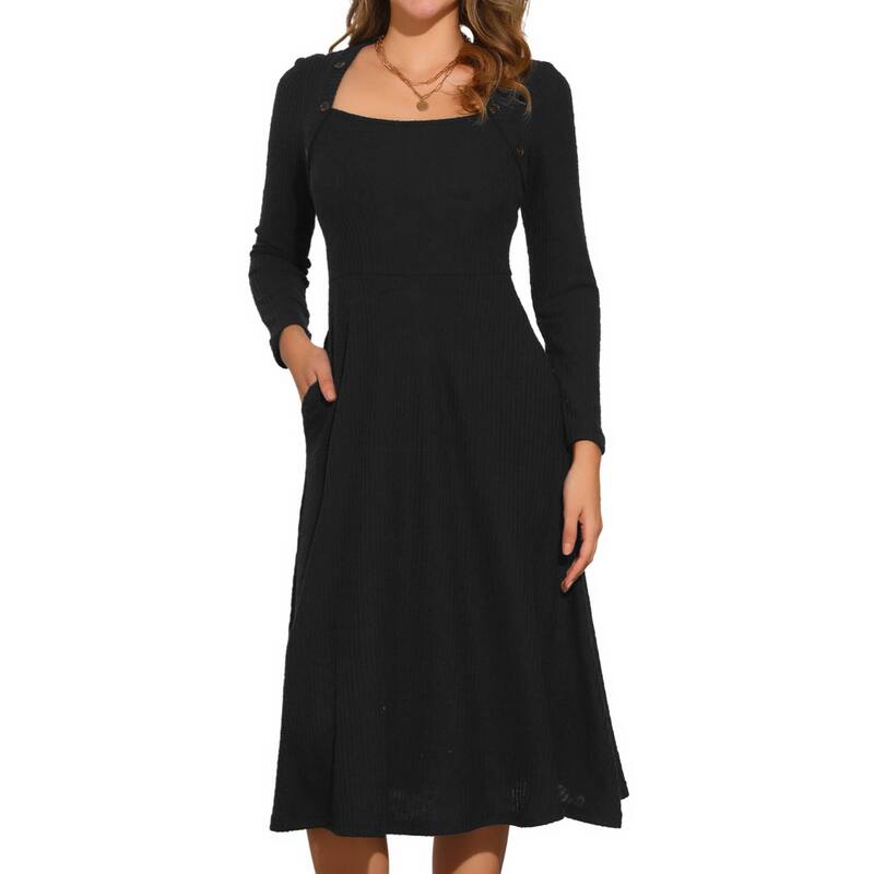 アレグラ ケー レディース トップス ワンピース A ライン セーター ニット ALLEGRA Knitted Sweater Dress For Women's Casual Square Neck A-line Dresses With Pockets Black ブラック|ReVida 店