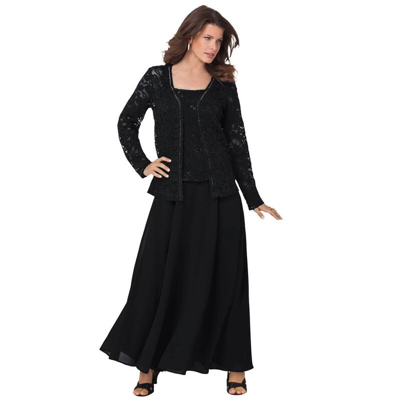 ロアマンズ レディース トップス 衣装 つけ加える大きさ スピード競技 上衣 Roaman\u0027s Women\u0027s Plusize Plus-Size 2 Piece Long Sleevembellished Lace Jacket And Full Gown Black 黒いこと