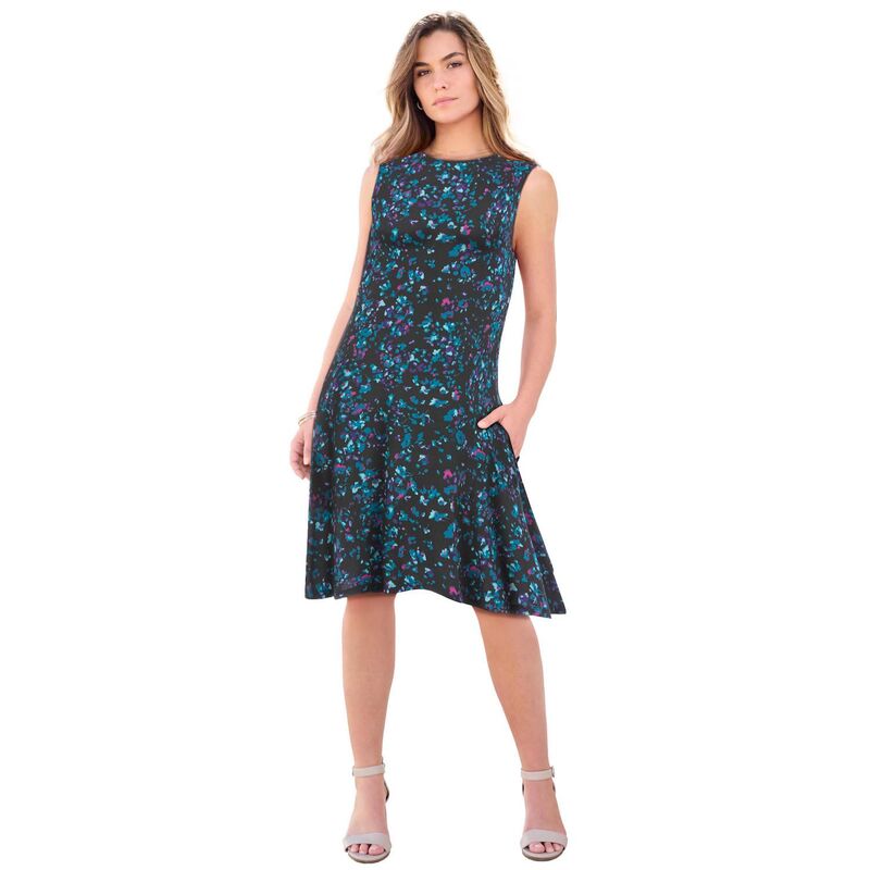 ロアマンズ レディース トップス ワンピース プラスサイズ ニット Roaman's Women's Plusize Stretch Knitwo-Pocket Swing Tank Dress Teal Watercolor Ditsy ティール