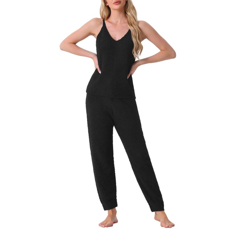 cheibear レディース アンダーウェア ナイトウェア プラスサイズ ノースリーブ ジョガーパンツ フリース cheibear Womens Fluffy Fleece Pajama Set Sleeveless Cami Joggers Thick Plush Loungewear 2 Piece Sleepwear Black ブラック