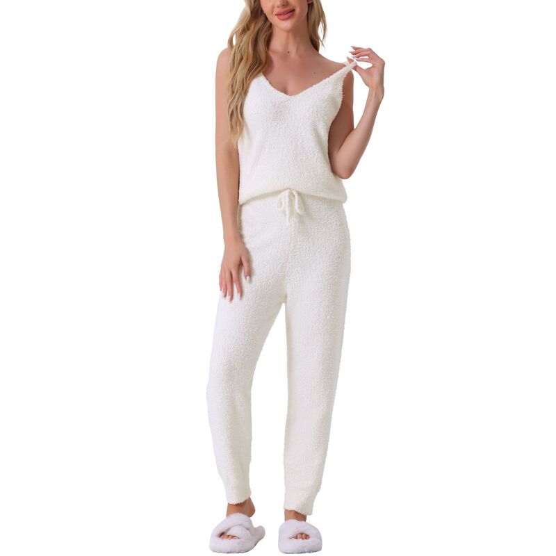 cheibear レディース アンダーウェア ナイトウェア プラスサイズ ノースリーブ ジョガーパンツ フリース cheibear Womens Fluffy Fleece Pajama Set Sleeveless Cami Joggers Thick Plush Loungewear 2 Piece Sleepwear White ホワイト