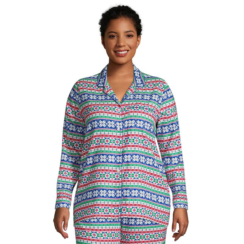 ランズエンド レディース アンダーウェア ナイトウェア プラスサイズ Plusize Lands' End Long Sleeve Flannel Pajama Top Ivory Cobalt Fairisle アイボリー