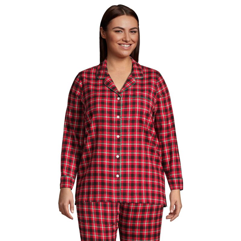 ランズエンド レディース アンダーウェア ナイトウェア プラスサイズ Plusize Lands' End Long Sleeve Flannel Pajama Top Rich Red Field Check レッド