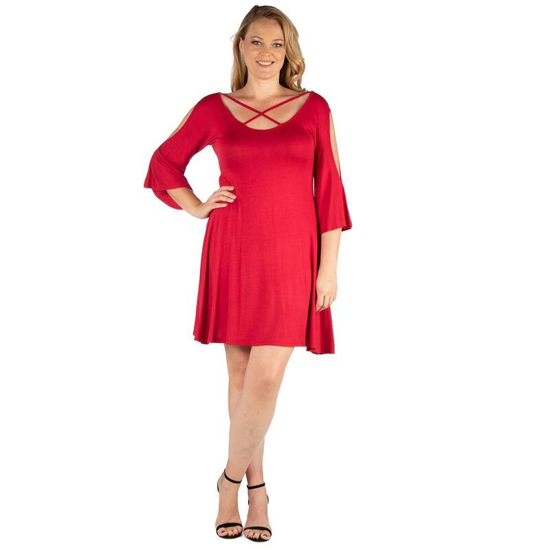 24 セブンコンフォート レディース トップス ワンピース プラスサイズ Plusize 24seven Comfort Apparel Criss Cross Neckline Cold Shoulder Dress Red レッド｜ReVida 店 9,344円